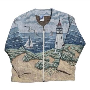 Art Unlimited Tapestry Jacket Women’s Med Full Zip Beach Lighthouse Sea Vtg 90s